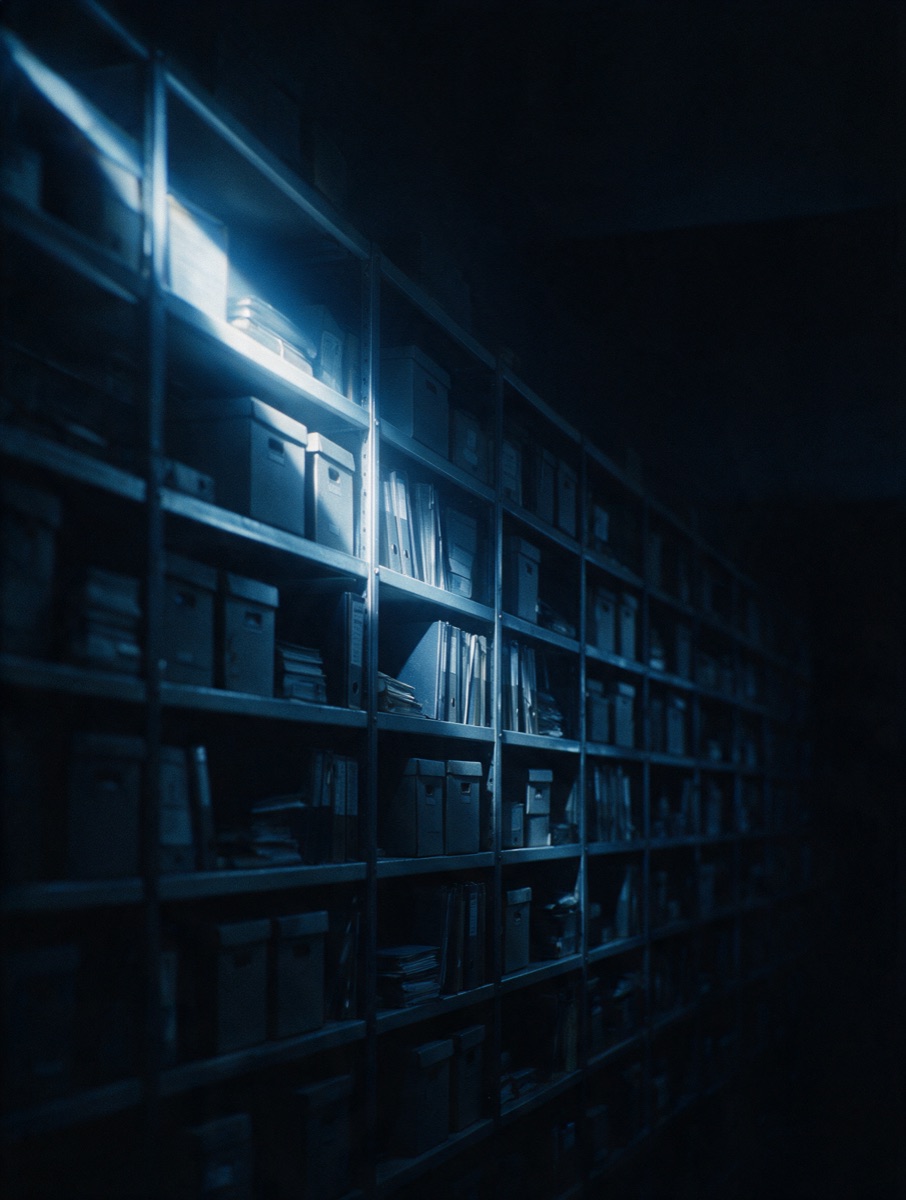 Estantes de arquivo com caixas de documentos recuando na escuridão, atravessadas por uma única lâmina de luz azul fria.